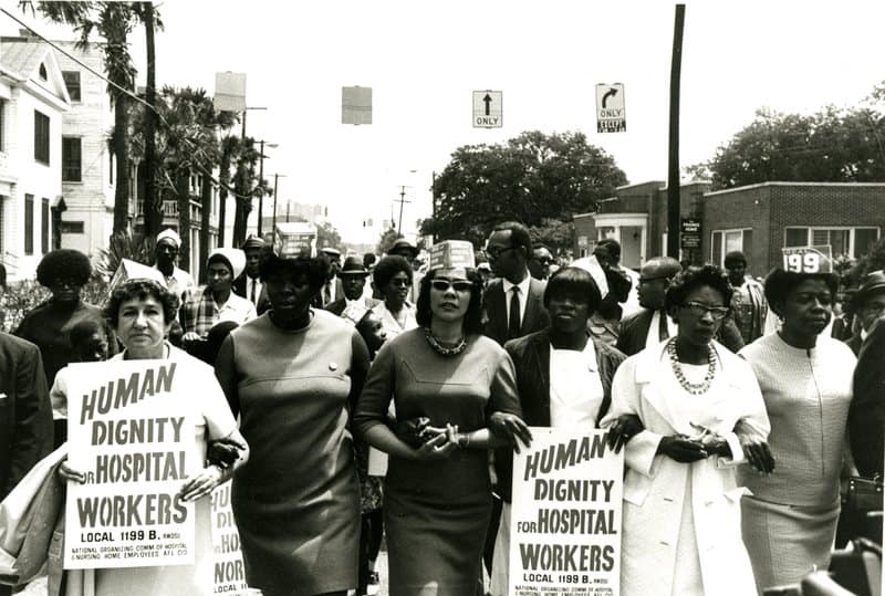 Coretta Scott King with strikers, an important person in African American History